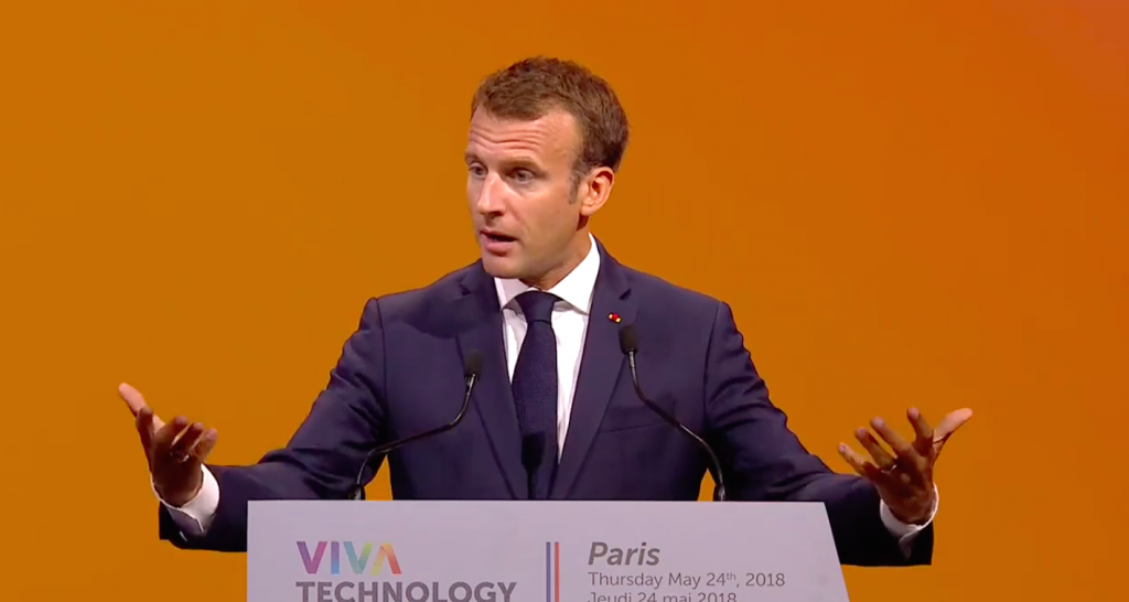 Emmanuel Macron lors de son discours d’ouverture du salon Vivatech 2018. Debout sur la scène
